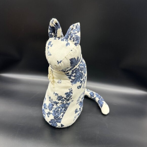 Handmade Other - Handmade Stuffed Cat Blue White Floral Fabric Kitty Decorative Retro Flowers